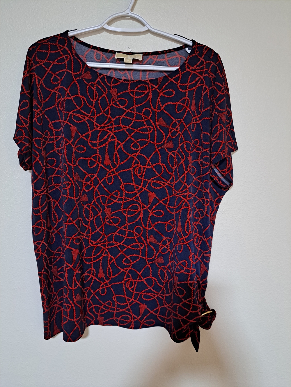 Michael Kors Navy Top with Red Rope Print and Side Knot